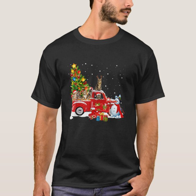 Cat On Red Truck Christmas Pajama Funny Xmas Tree T-Shirt (Front)
