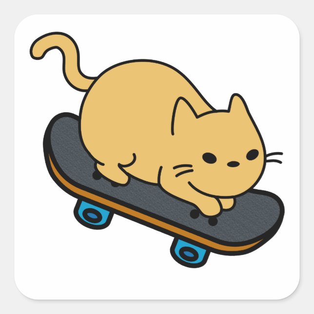 Cat on Skateboard Cartoon Kitten Skateboarder Square Sticker (Front)