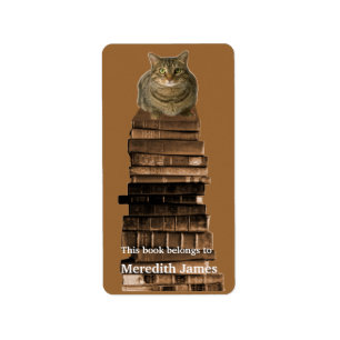Cat on Stack of Books  Bookplate Label