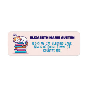 Cat on Stack of Books Cute Literary Return Address Label