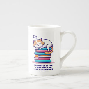 Cat on Stack of Books Cute Personalised Reader Tea Bone China Mug