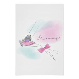 Cat on Swing Pastel Watercolor Poster