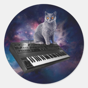 Cat on synthesizer in space classic round sticker
