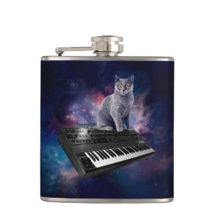 Cat on synthesizer in space hip flask