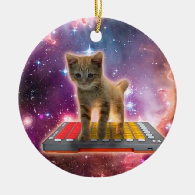 Cat on synthesizers in space ceramic ornament (Front)