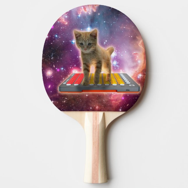 Cat on synthesizers in space ping pong paddle (Front)