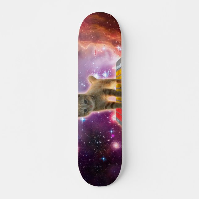 Cat on synthesizers in space skateboard (Front)