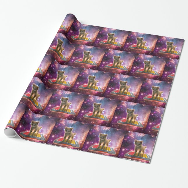 Cat on synthesizers in space wrapping paper (Unrolled)