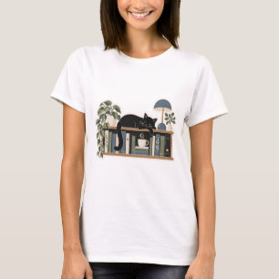 Cat on the Bookshelf Minimal Silhouette T-Shirt