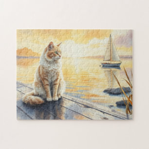 Cat on the dock at sunset jigsaw puzzle
