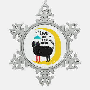 Cat on the moon snowflake pewter christmas ornament