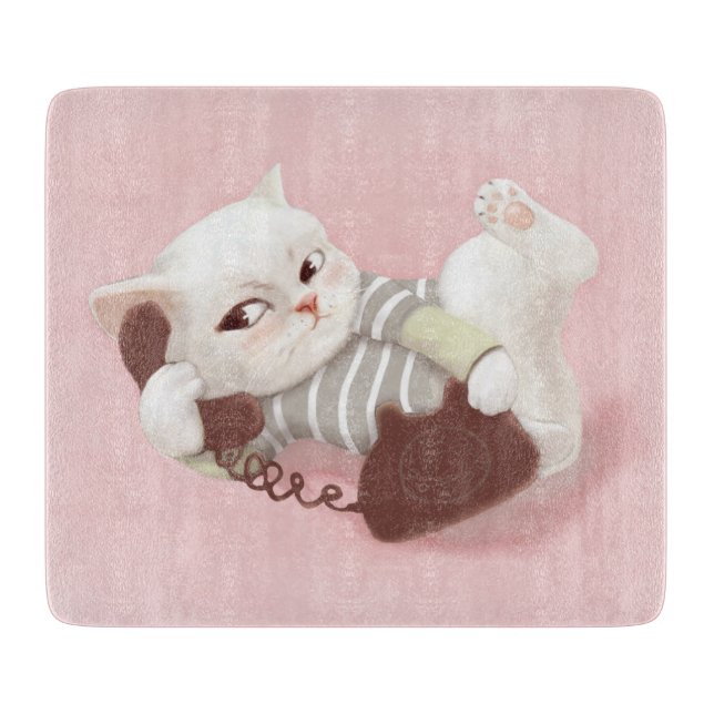Cat on the Phone Cutting Board (Front)