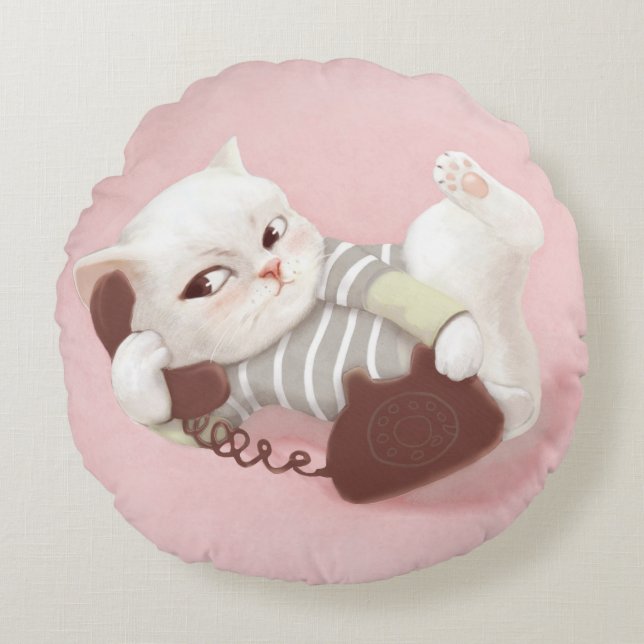Cat on the Phone Round Cushion (Front)