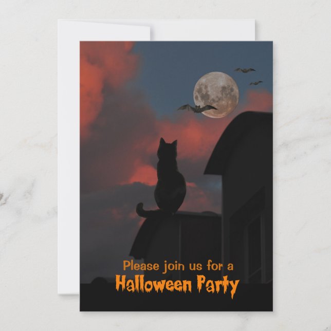 Cat on the roof with a full moon Halloween Invitation (Front)