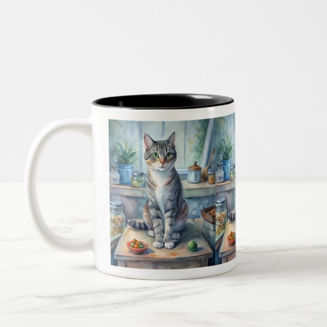 cat on the table Two-Tone coffee mug (Left)