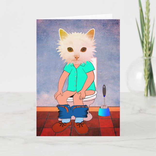 CAT ON THE TOILET FUNNY THINKING OF YOU CARDS (Front)
