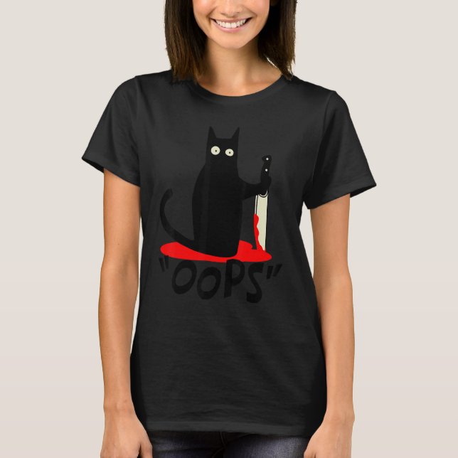 Cat Oops  Black Cat Murderous Cat With Knife Hallo T-Shirt (Front)