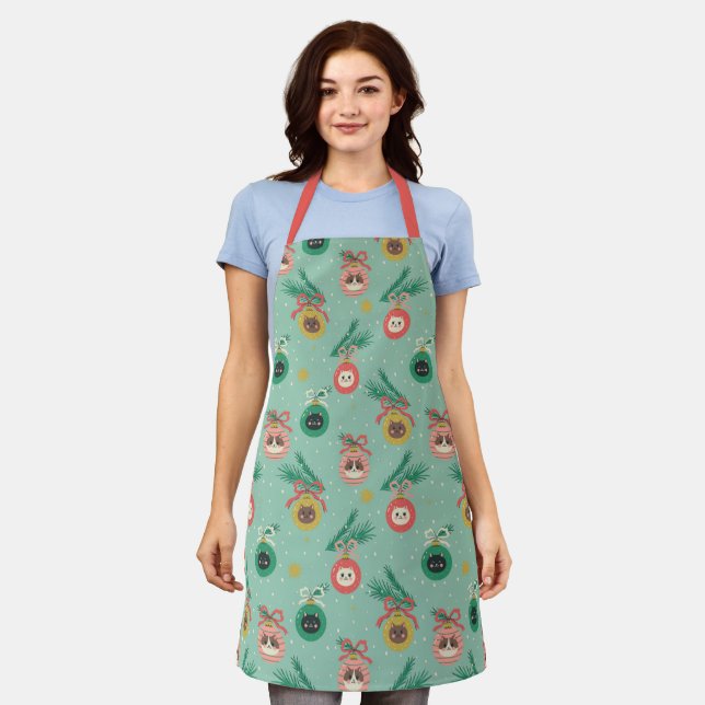 Cat Ornaments on Tree Pattern Apron (Worn)