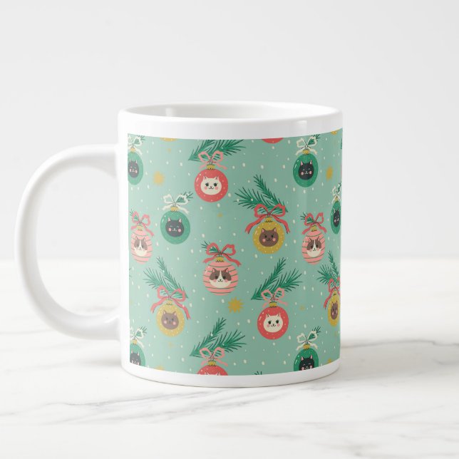 Cat Ornaments on Tree Pattern Large Coffee Mug (Left)