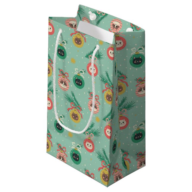 Cat Ornaments on Tree Pattern Small Gift Bag (Front Angled)