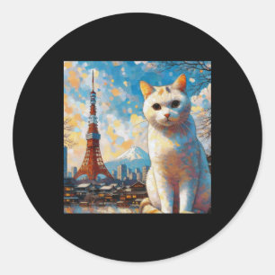 Cat Overlooking Tokyo Tower With Mount Fuji In The Classic Round Sticker