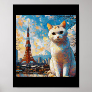 Cat Overlooking Tokyo Tower With Mount Fuji In The Poster