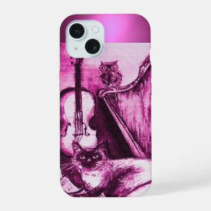 CAT ,OWL AND MUSICAL INSTRUMENTS IN PINK PURPLE iPhone 15 CASE