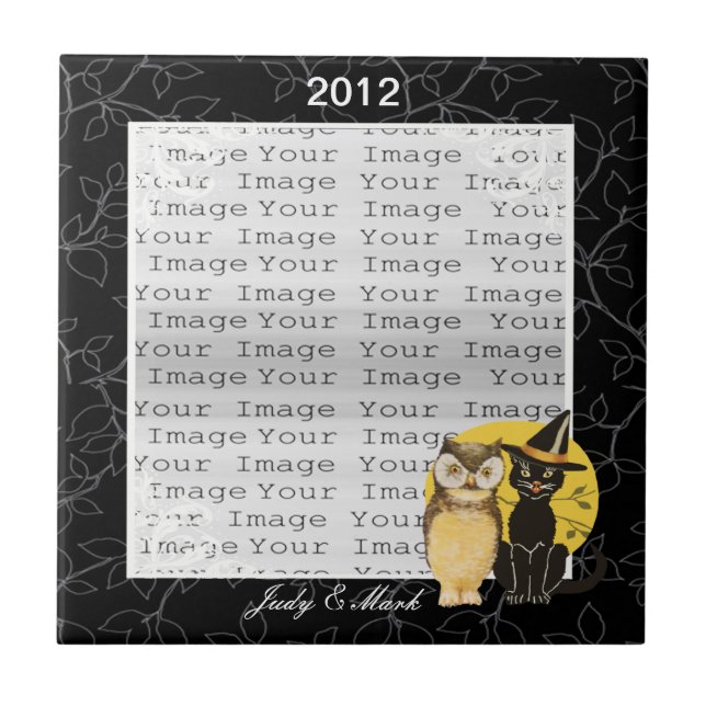 Cat & Owl Halloween Wedding Ceramic Tile (Front)