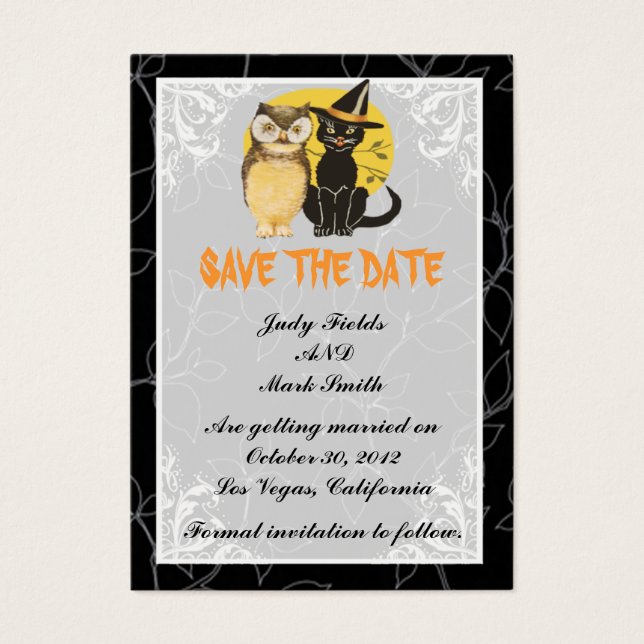 Cat & Owl Halloween Wedding Save The Date Card (Front)
