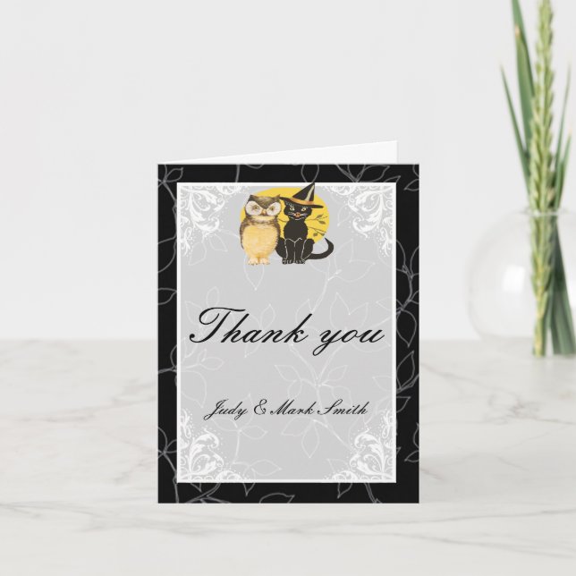 Cat & Owl Halloween Wedding Thank You Card (Front)