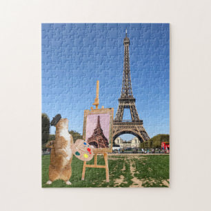 Cat Painting Eiffel Tower Paris France Travel Jigsaw Puzzle