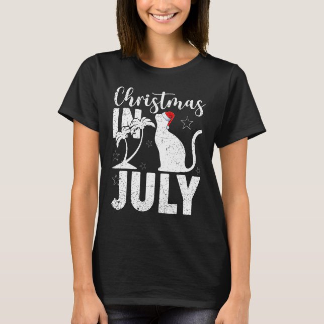 Cat   Palm Tree Santa Hat Cat Christmas In July Su T-Shirt (Front)