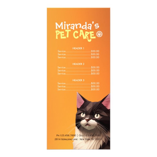 Cat Paper Carves Pet Care Animal Clinic Price List Rack Card (Front)