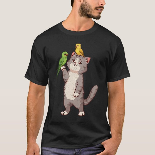 Cat & Parakeets Graphic T-Shirt (Front)