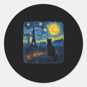 Cat Paris Eiffel Tower Starry Night Van Gogh Inspi Classic Round Sticker
