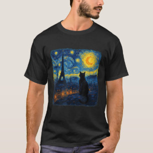 Cat Paris Eiffel Tower Starry Night Van Gogh Inspi T-Shirt