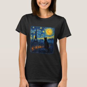 Cat Paris Eiffel Tower Starry Night Van Gogh Inspi T-Shirt