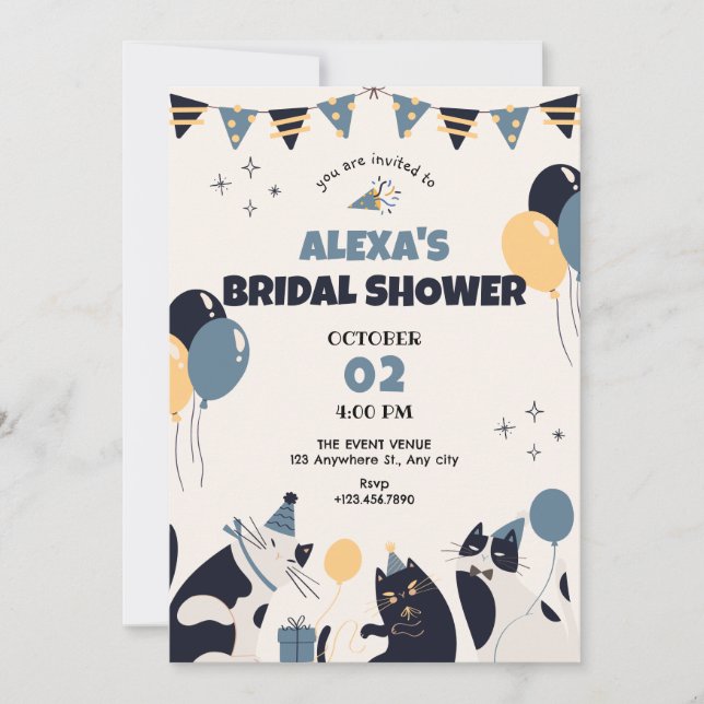 Cat party bridal shower invitation (Front)