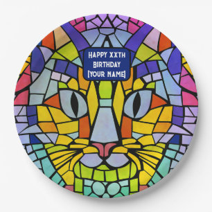 Cat Party for Any Gender / Age - Cheerful Mosaic Paper Plate