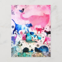 Cat Party House Glitter Art Pink Watercolor