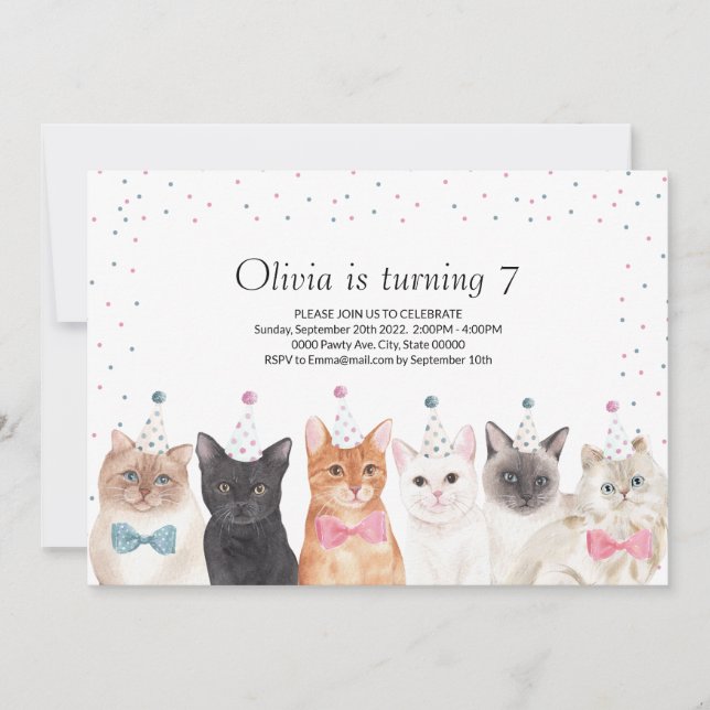 Cat Party Invitation, Cat Birthday Invitation (Front)