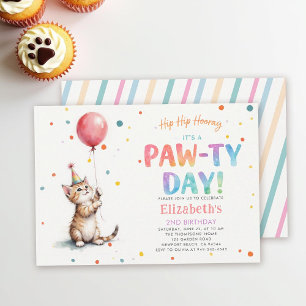 Cat Party Kitten Colourful Red Balloon Birthday Invitation