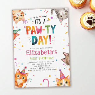 Cat Party Kittens Colourful Whimsical 1st Birthday Invitation
