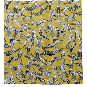 cat party ochre yellow shower curtain