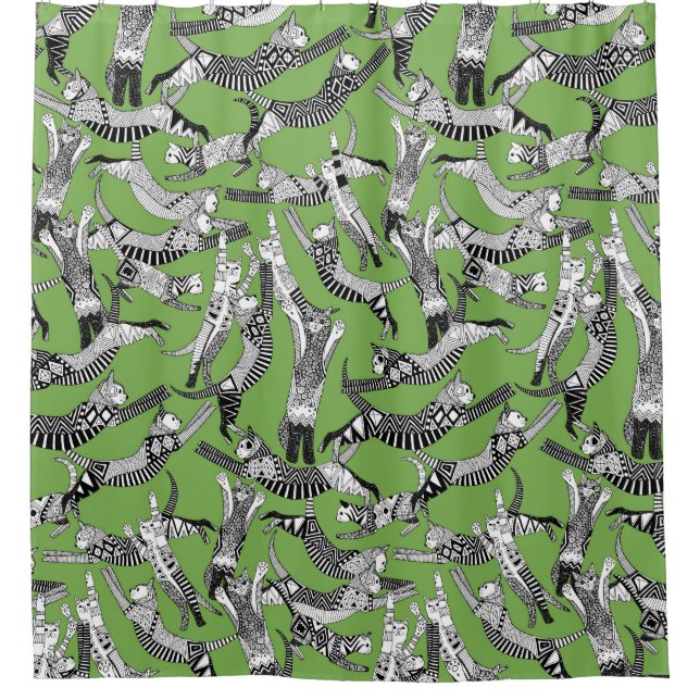 cat party palm green shower curtain (Front)