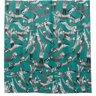 cat party teal shower curtain