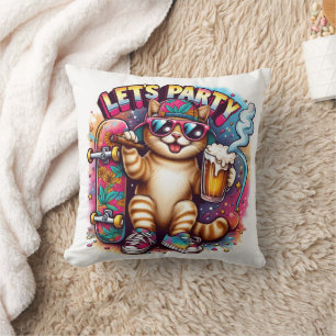 Cat partying with skateboard and drink cushion