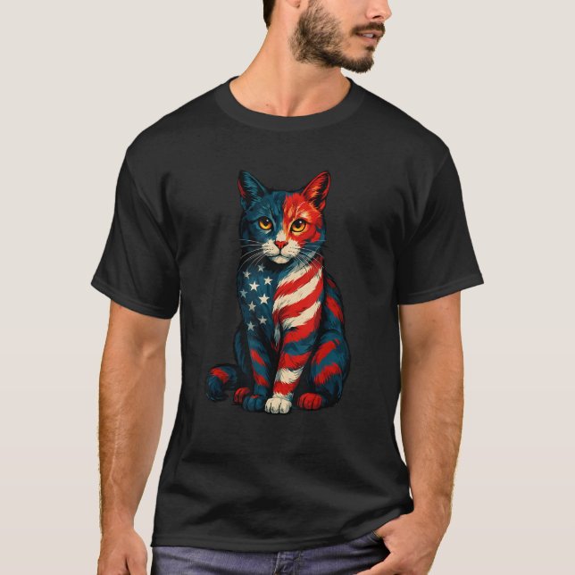 Cat Patriotic Fourth Of July American Flag Men Wom T-Shirt (Front)