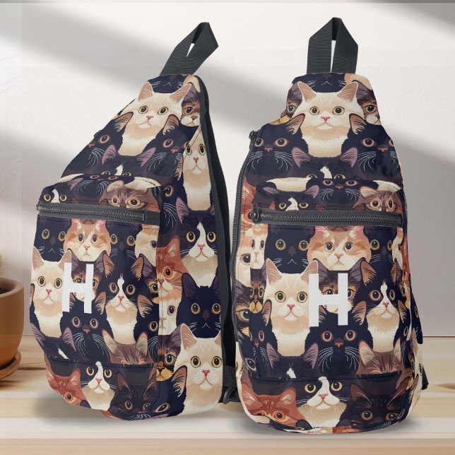 cat pattern, modern, monogram, cat sling bag (Cute cat pattern, monogram med cat sling bag.)