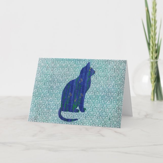 Cat Pattern on Pattern in Blue Art Note Card 1 (Front)